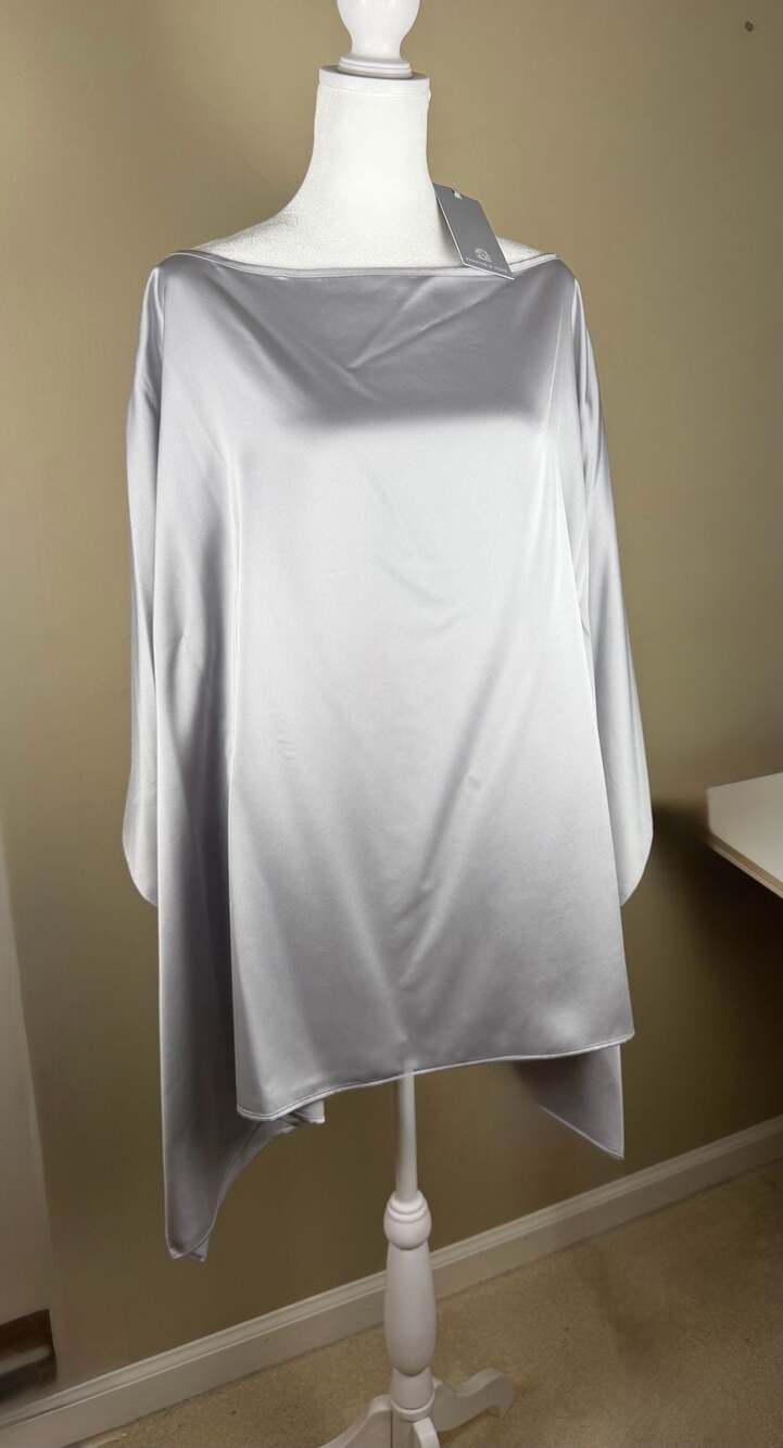 Preston & York Carmen Blouse L NWT Silver Satin Cape Poncho Draped $79